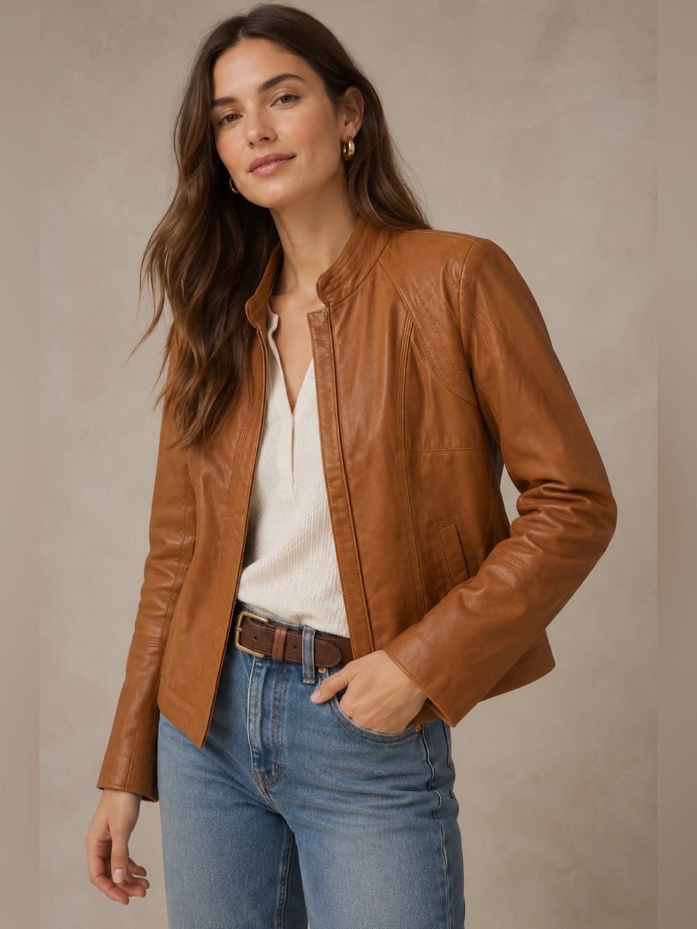 NWT Quince 100% Sheep Leather Stand Collar Jacket Women Medium Cognac Brown  New